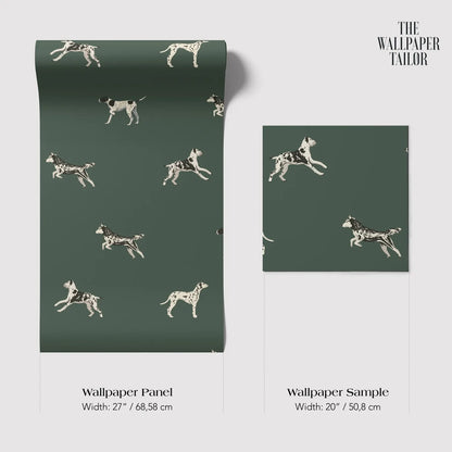 a wallpaper panel and a wallpaper sample with a repeating pattern of black and white spotted dogs running. The wallpaper panel is described as having a width of 27 inches (68.58 cm) and the wallpaper sample is described as having a width of 20 inches (50.08 cm).