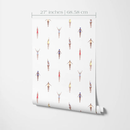 a repeating pattern of colorful illustrations of people in various poses, such as standing, sitting, and dancing, arranged in a grid-like layout.