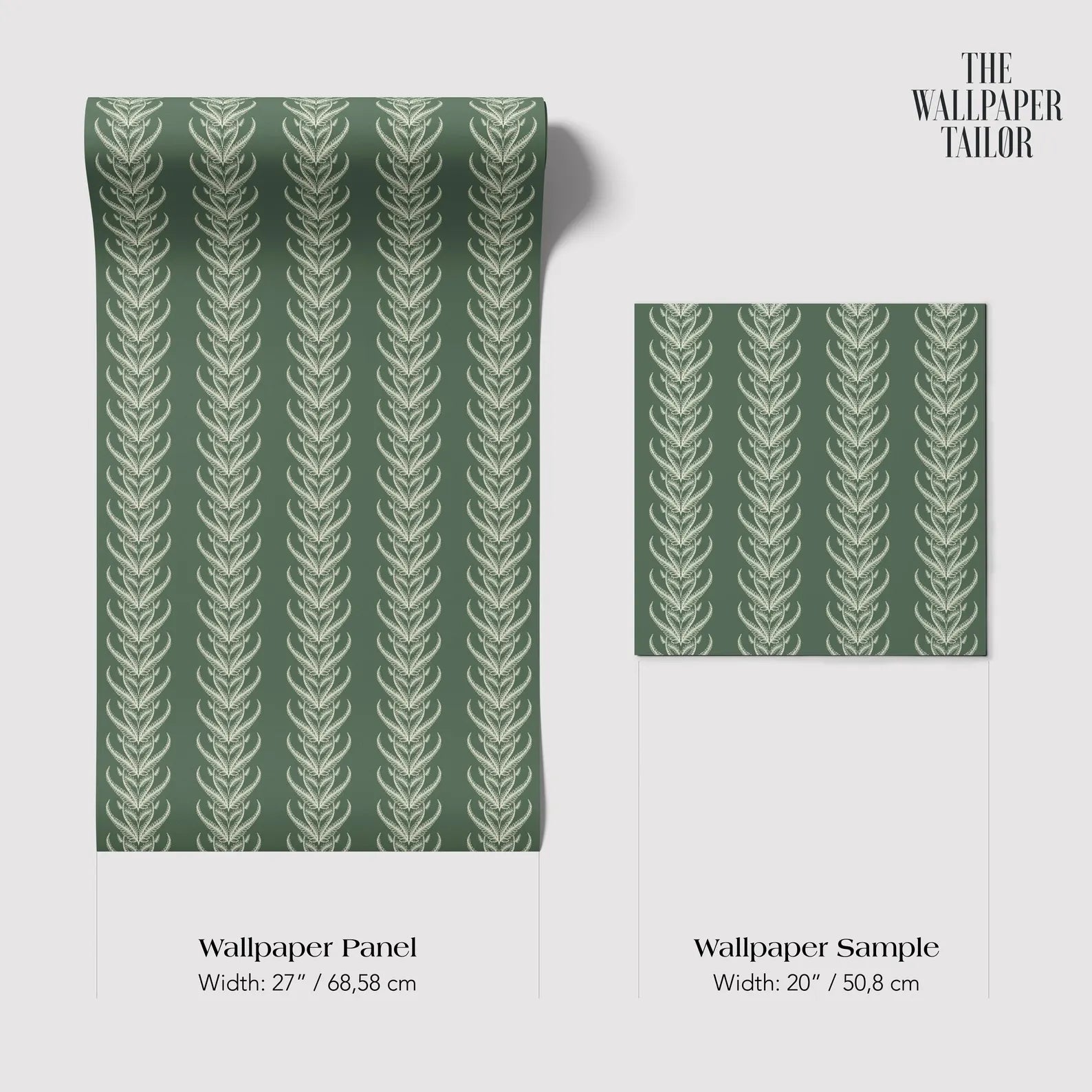 two wallpaper panels and a wallpaper sample, all featuring a repeating pattern of green leaves or vines.