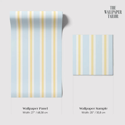 two different sizes of a wallpaper panel with a striped pattern in shades of blue and yellow.