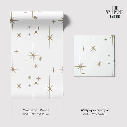 two different sizes of a wallpaper panel with a starry pattern. The text provides the dimensions of the wallpaper panel and the wallpaper sample.
