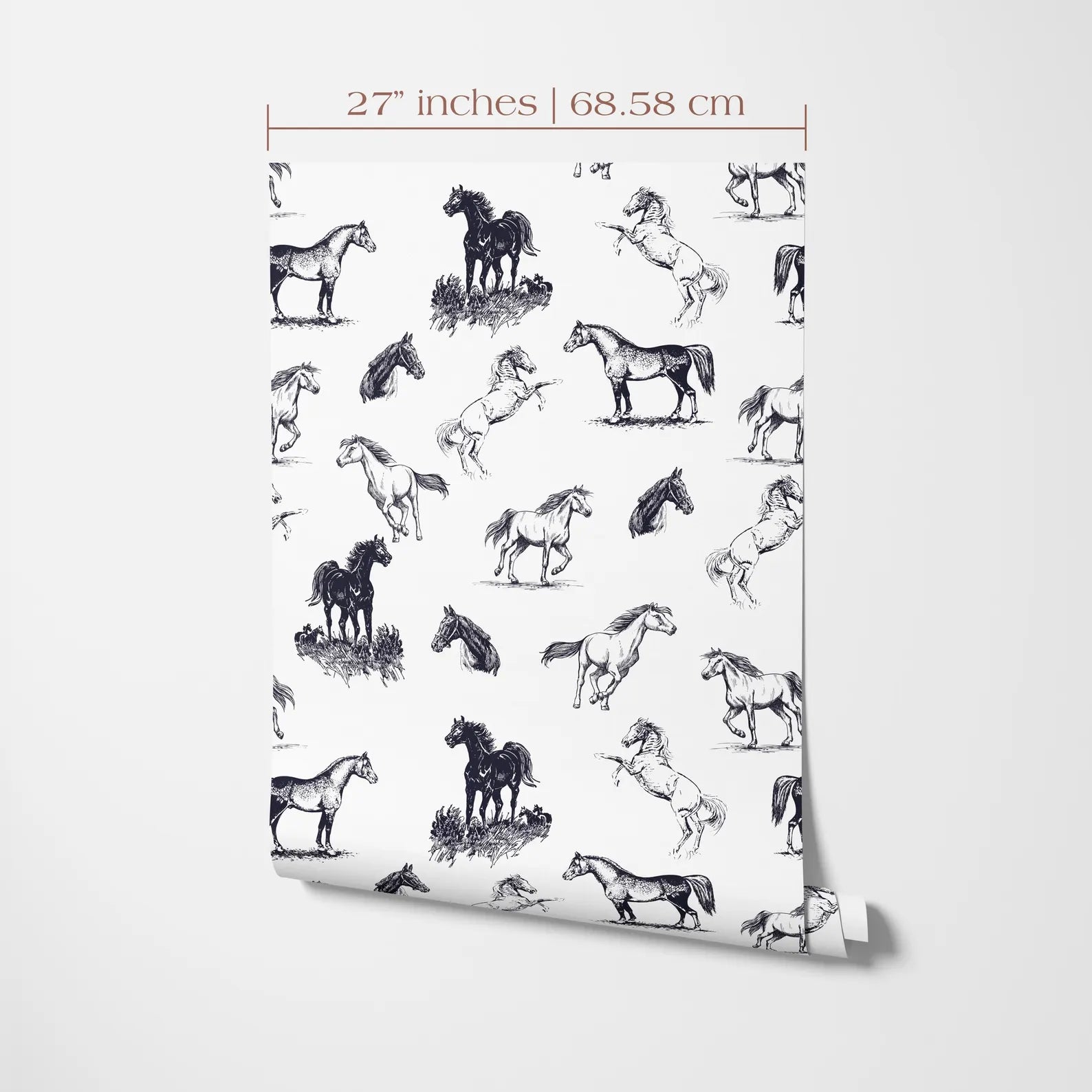 a repeating pattern of black and white horses on a white background.