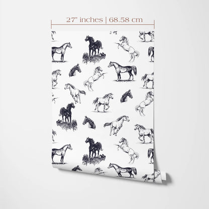 a repeating pattern of black and white horses on a white background.