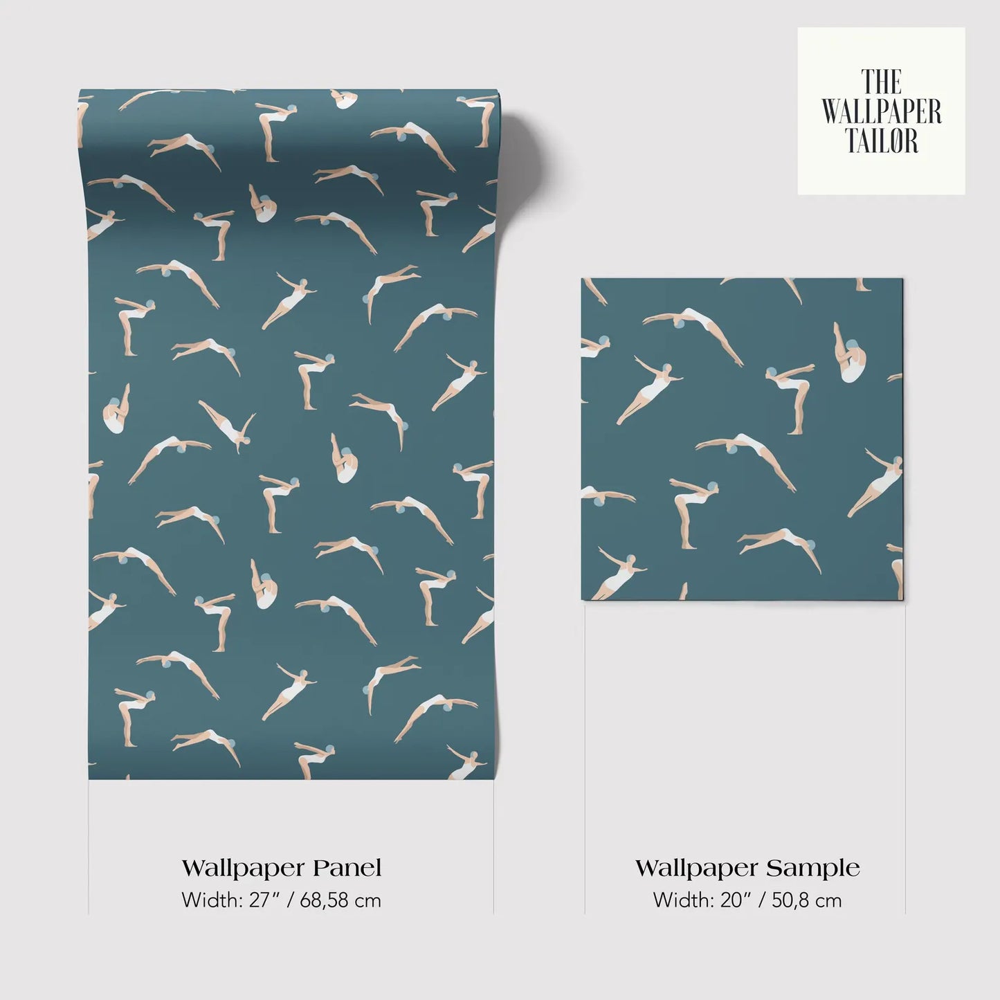 two wallpaper samples with a repeating pattern of swimming figures in shades of blue and green. The text provides the dimensions of the wallpaper panels and the wallpaper sample, which are both 20 inches by 50.8 centimeters in size.