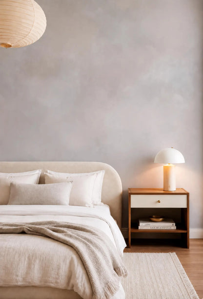 a serene and cozy bedroom with a large bed, a wooden nightstand, and a lamp on the nightstand. The bed is covered in white linens and has a gray throw blanket draped over it. The nightstand has a white lamp on top, and there are a few books on the nightstand. The walls are painted in a light gray color, and a beige lampshade hangs above the bed.