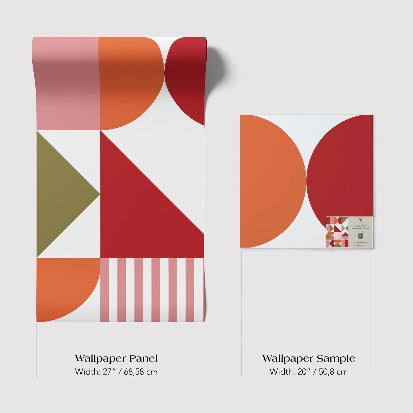 two different wallpaper samples, each with a unique geometric design. The first sample is a large, colorful wallpaper panel with a variety of shapes and colors, while the second sample is a smaller, square-shaped wallpaper with a similar geometric design. The image is described in terms of its size, width, and dimensions, providing a clear visual representation of the two different wallpapered designs.