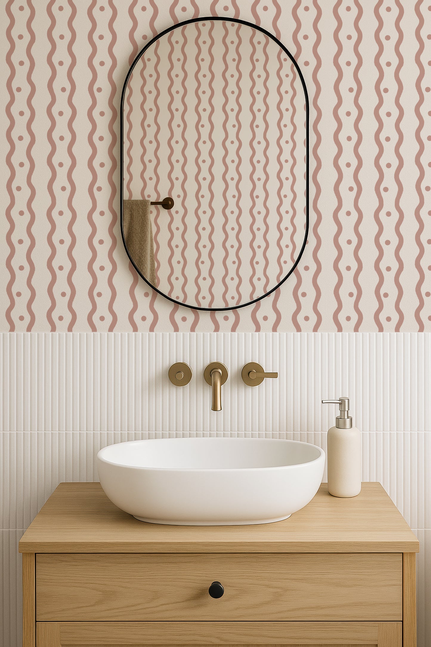 a bathroom with a white oval-shaped sink, a wooden vanity, and a mirror above it. The walls have a pink and white patterned wallpaper, and the overall design has a modern and minimalist aesthetic.