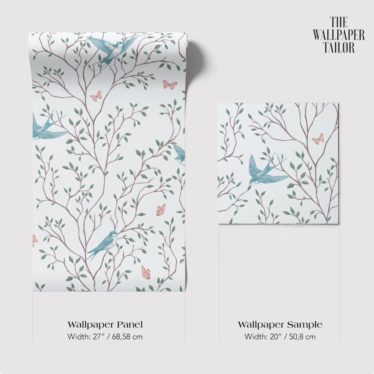 two wallpaper samples with a tree branch and leaf pattern. The text provides the dimensions of the wallpaper panels and the wallpaper sample.