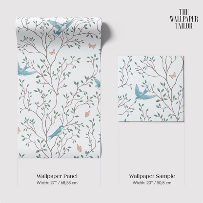 two wallpaper samples with a tree branch and leaf pattern. The text provides the dimensions of the wallpaper panels and the wallpaper sample.