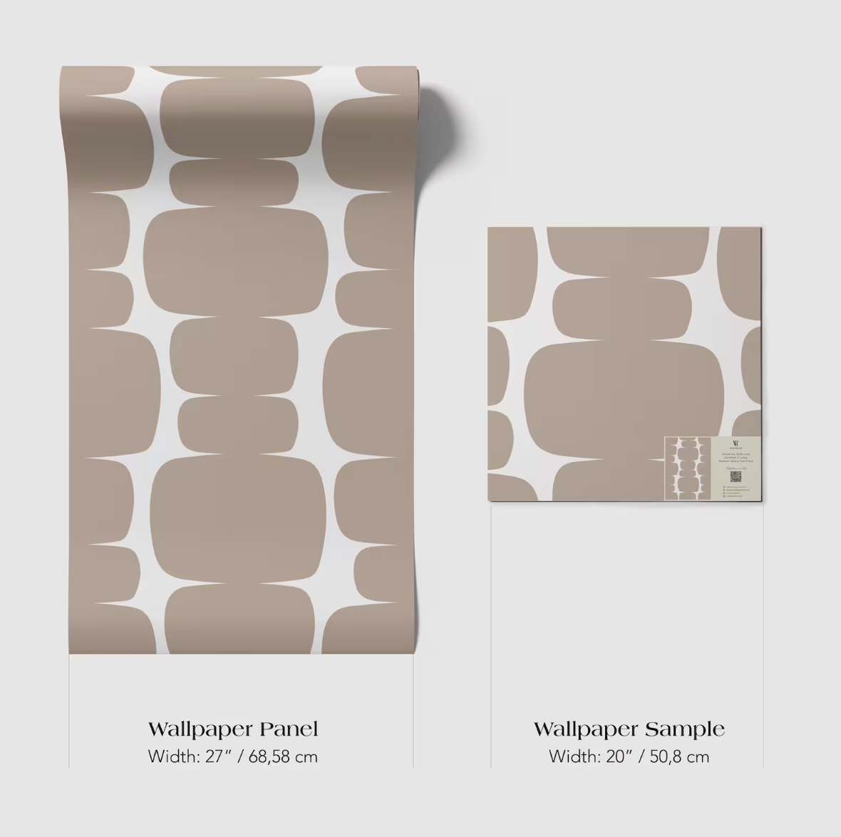 two wallpaper samples with a repeating pattern of brown and white shapes. The text indicates the width of each sample, with the left sample being wider at 27 inches and the right sample being narrower at 20 inches.