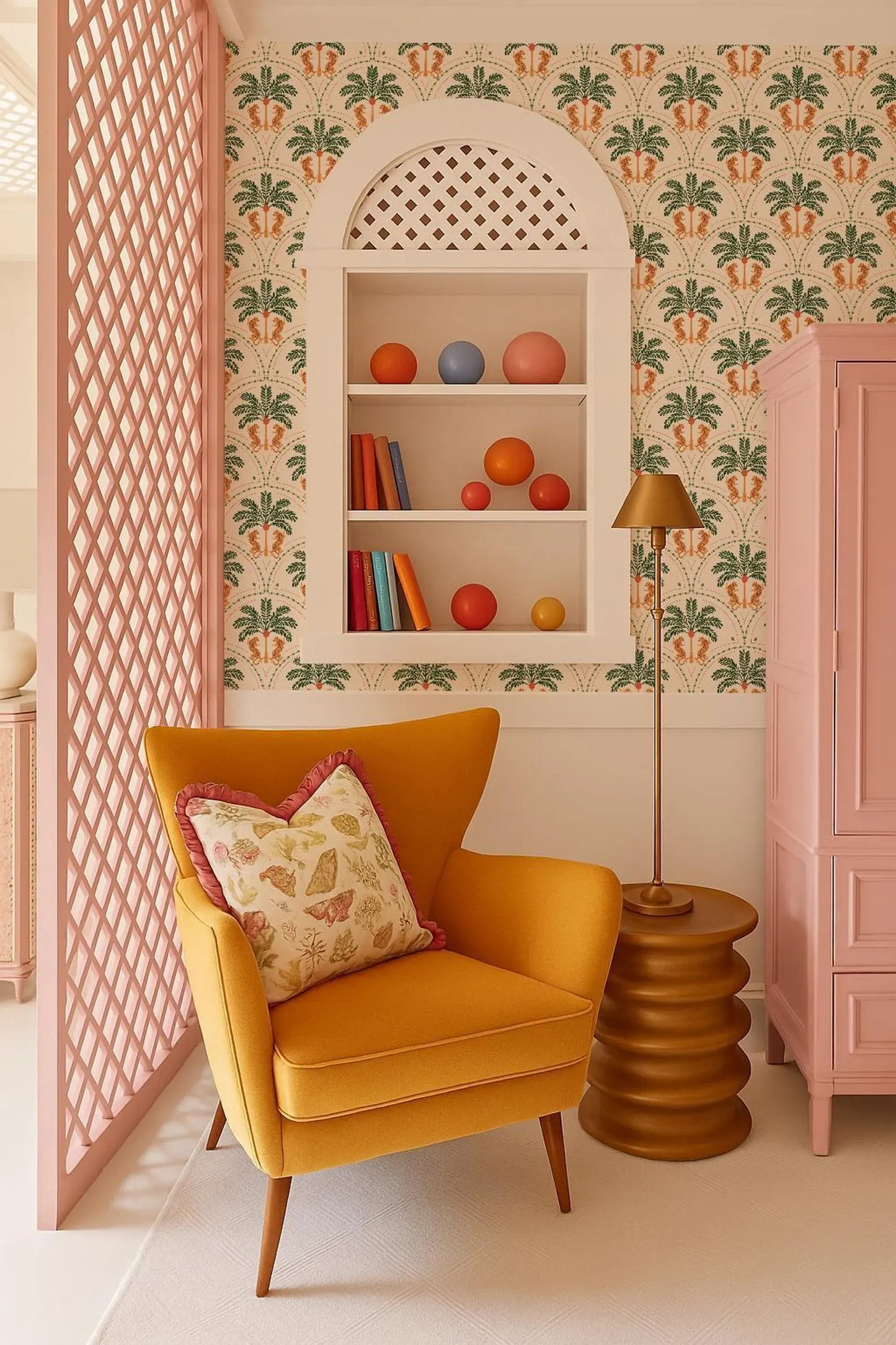 a cozy and vibrant living room with a yellow armchair, a wooden side table, and a bookshelf filled with various items. The room has a pink and white color scheme, with a patterned wallpaper and a lattice screen on the left side.
