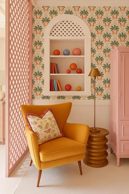 a cozy and vibrant living room with a yellow armchair, a wooden side table, and a bookshelf filled with various items. The room has a pink and white color scheme, with a patterned wallpaper and a lattice screen on the left side.