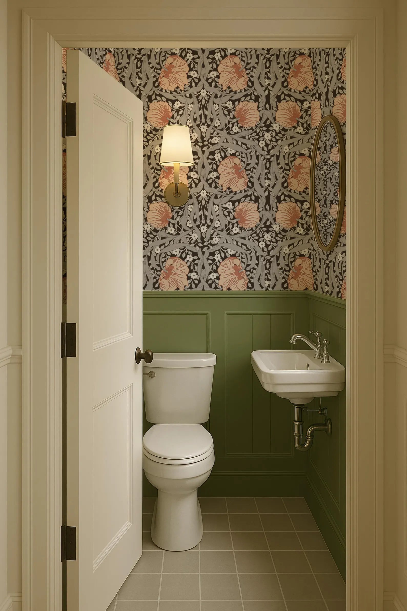 a small bathroom with a white toilet and sink, a mirror, and a floral wallpaper.