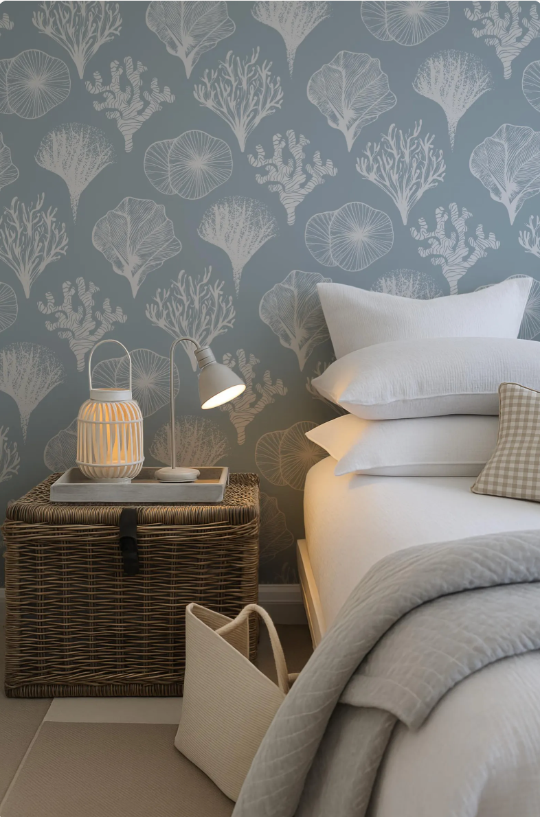 a bedroom with a bed, a wicker side table, and a lamp. The wall behind the bed has a pattern of white and blue floral designs.