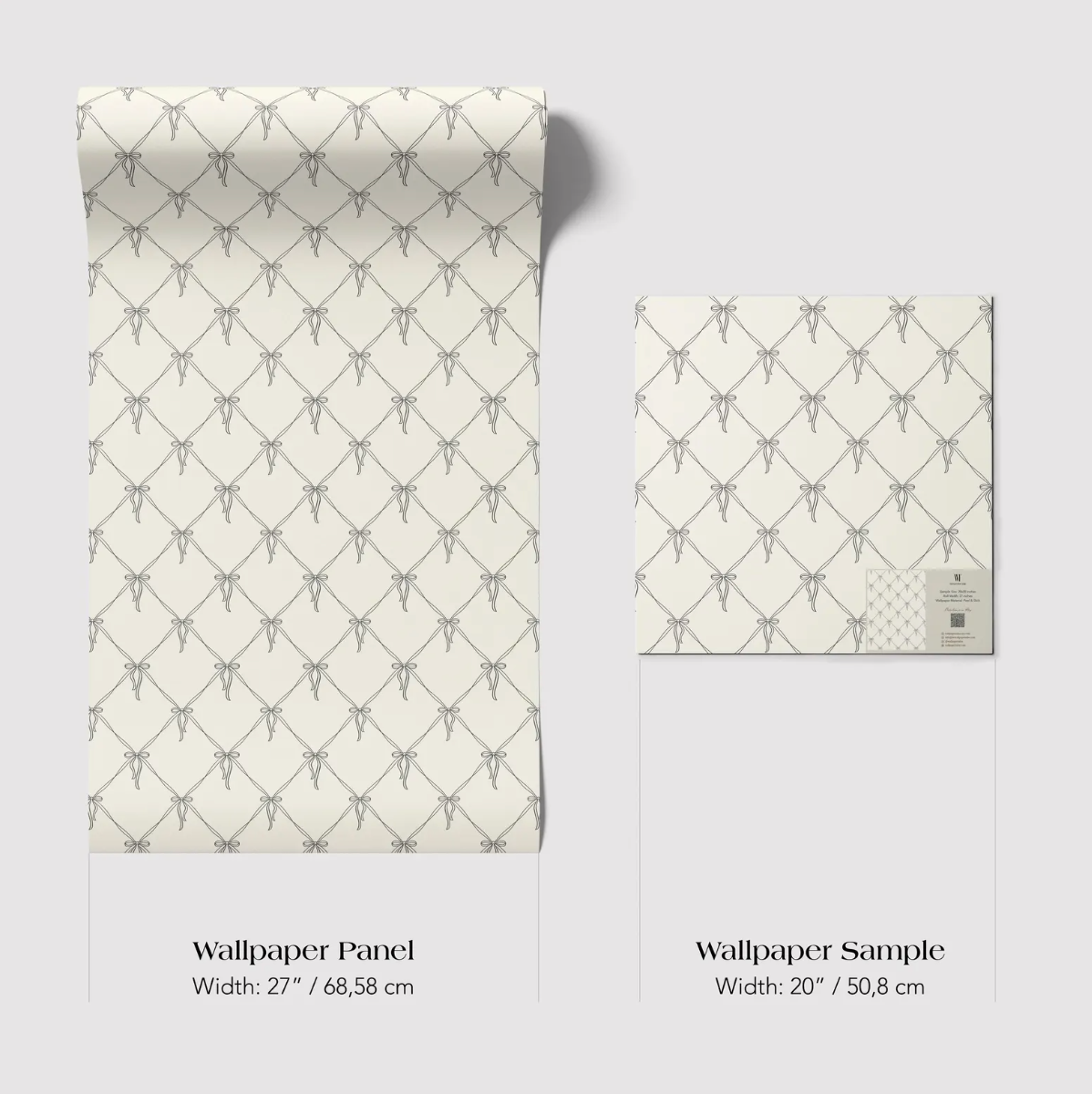 two identical rolls of wallpaper with a repeating pattern of diamond shapes in shades of gray and white. The text indicates that the wallpaper is a wallpaper panel with a width of 27 inches (68.58 cm) and a width of 20 inches (50.88 cm).