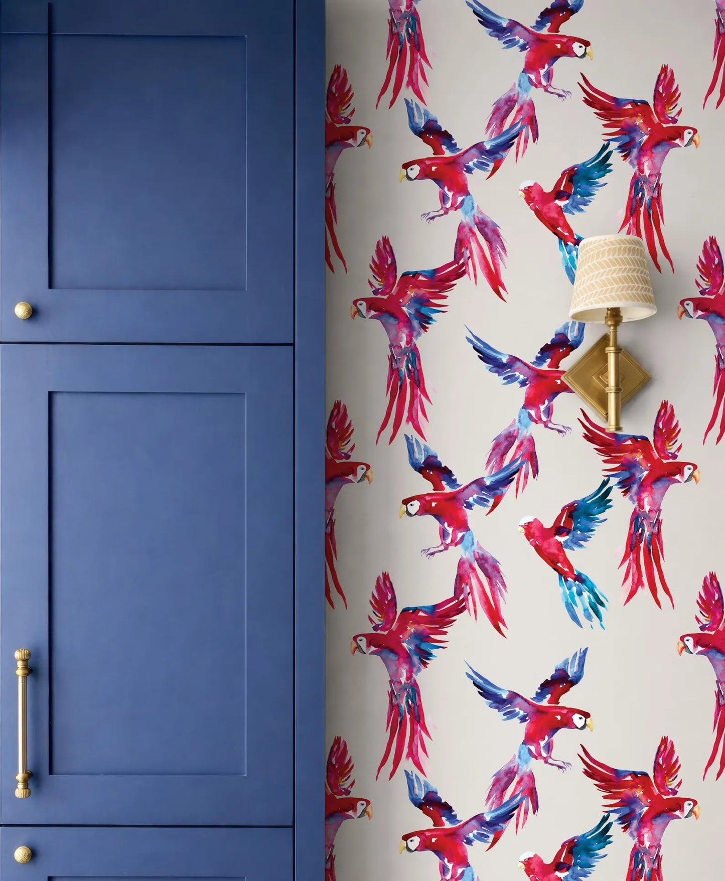 a vibrant wallpapered wall with a striking pattern of red and blue parrots in flight, complemented by a blue cabinet door and a gold-colored lamp fixture.