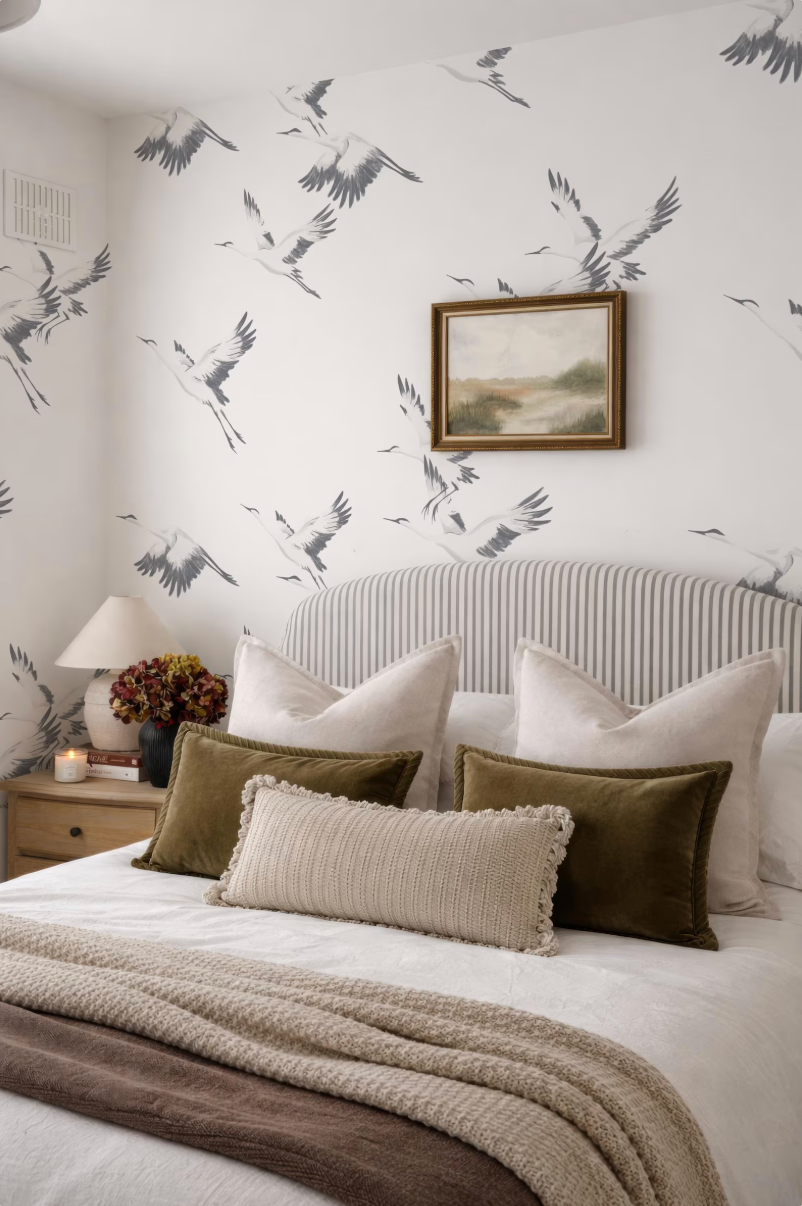 a cozy bedroom with a bed adorned with white and brown pillows, a striped headboard, and a framed landscape painting on the wall.