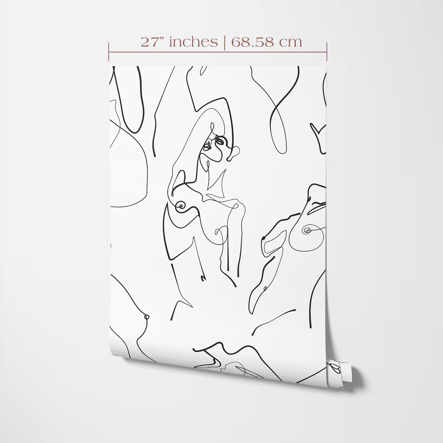 The image is a black and white line drawing of a woman, with the text "27 inches | 68.58 cm" indicating the size of the artwork.