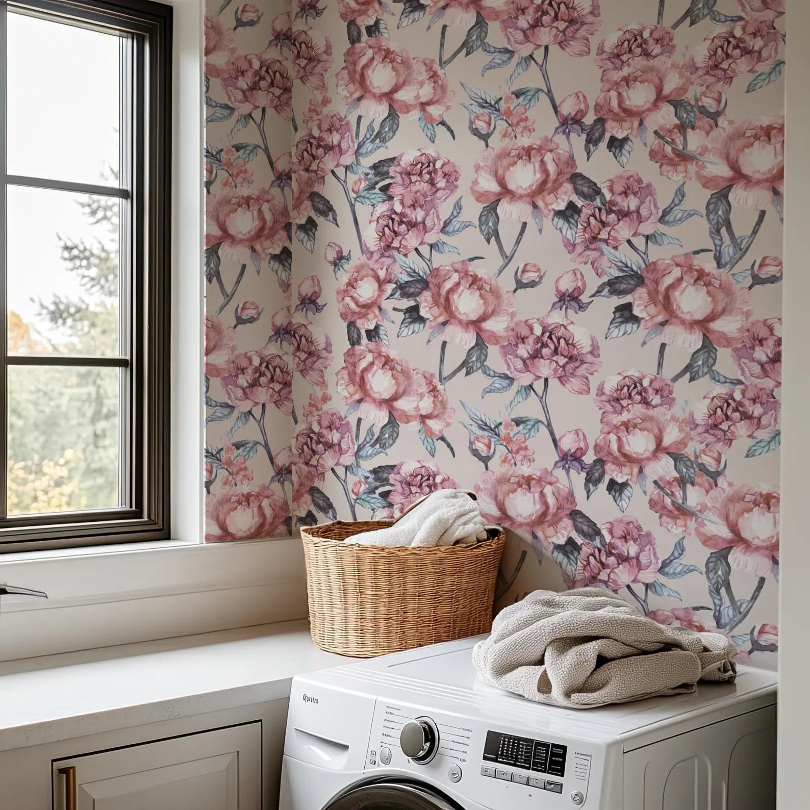 a laundry room with a white washing machine and a basket of clothes on the counter. The wall behind the washing machine has a floral wallpaper pattern in shades of pink and blue.