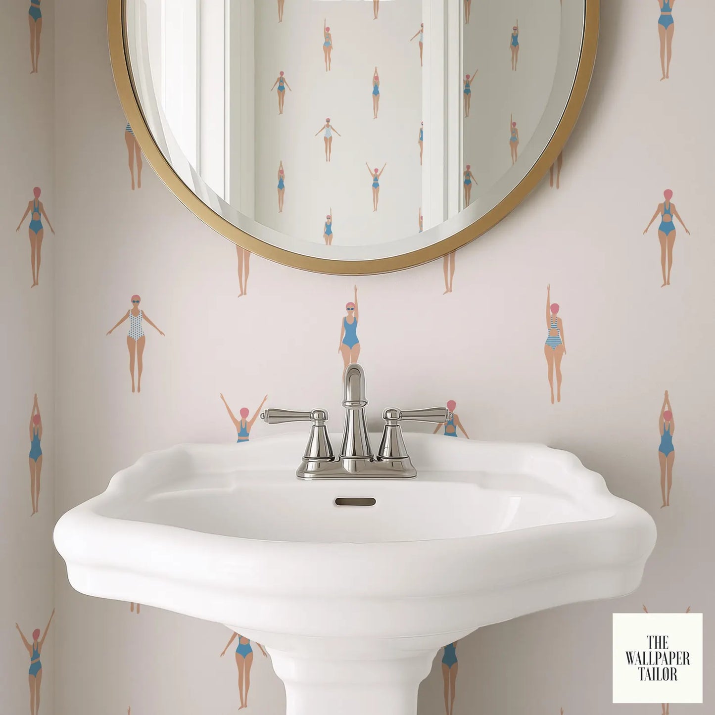 a bathroom sink with a round mirror above it, and the wall behind the sink has a repeating pattern of swimming figures.