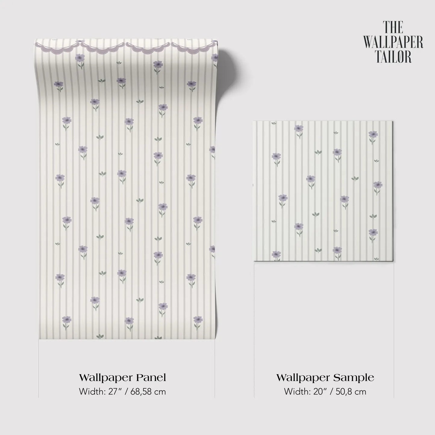 The image is a wallpaper panel and a wallpaper sample, both featuring a repeating pattern of purple flowers on a white background.