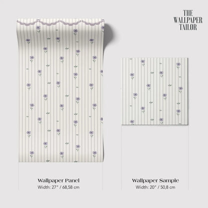 The image is a wallpaper panel and a wallpaper sample, both featuring a repeating pattern of purple flowers on a white background.