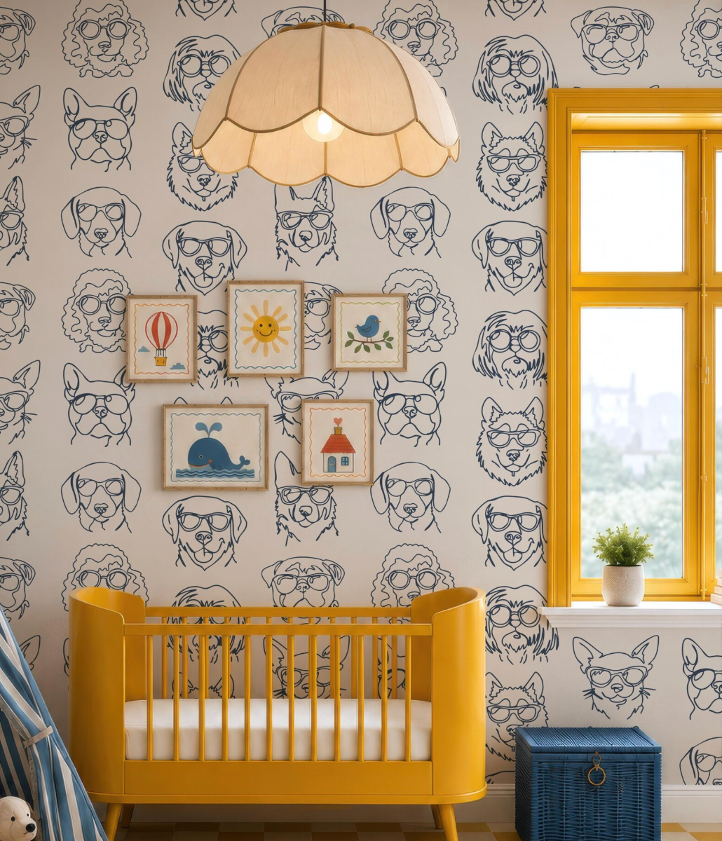 a nursery with a yellow crib, a lamp, and a window with a view of a cityscape. The walls are decorated with a repeating pattern of dog faces, and there are several framed pictures and a small plant on the windowsill.