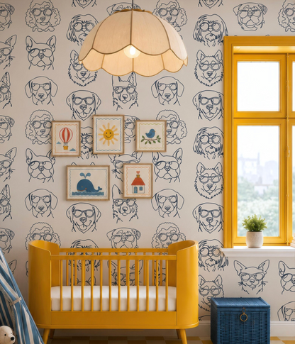 a nursery with a yellow crib, a lamp, and a window with a view of a cityscape. The walls are decorated with a repeating pattern of dog faces, and there are several framed pictures and a small plant on the windowsill.