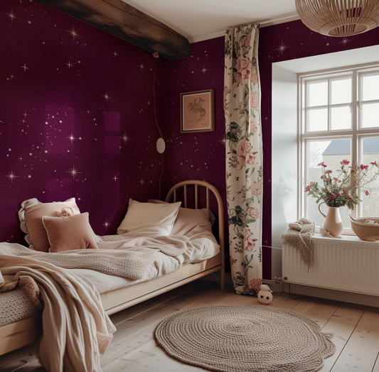 a bedroom with purple walls and a white bed