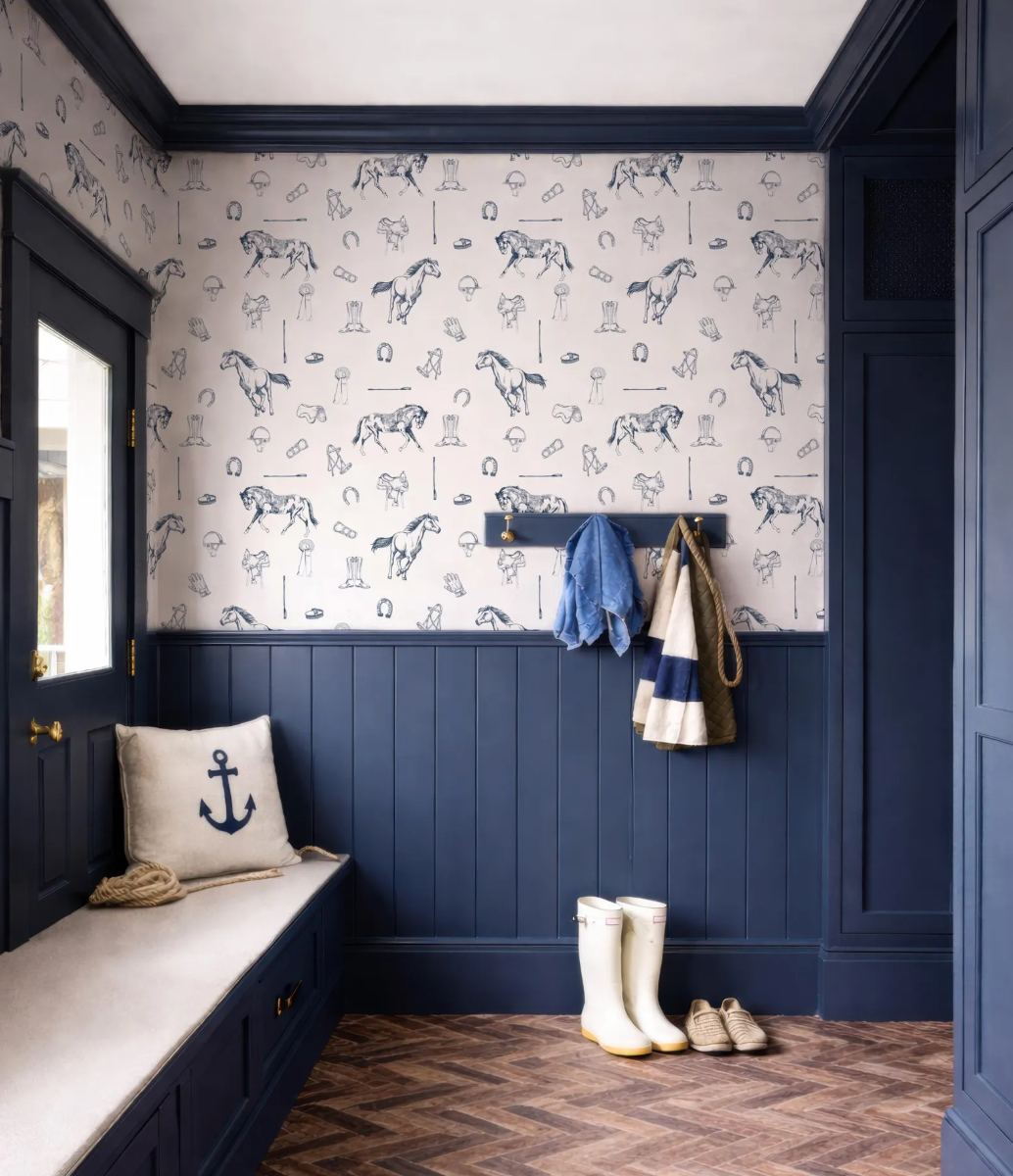 a room with a blue and white color scheme, including a patterned wallpaper with horses and other nautical elements. The room has a bench, a coat rack with a jacket and a scarf, and a pair of white boots.