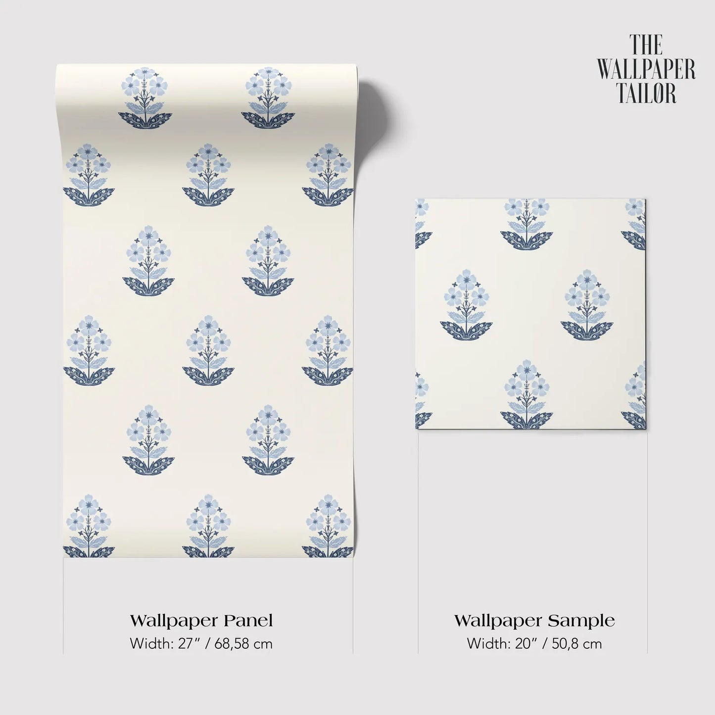 two identical wallpapered panels with a repeating blue floral pattern. The text provides information about the size and dimensions of the wallpapered panels, with the widths being 27 inches (68.58 cm) and 20 inches (50.8 cm) respectively.