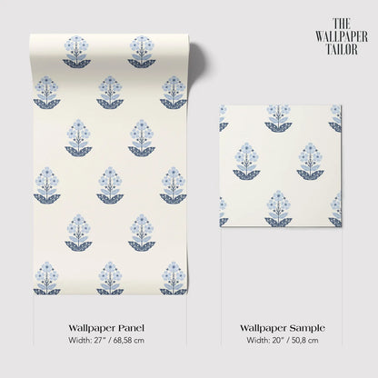 two identical wallpapered panels with a repeating blue floral pattern. The text provides information about the size and dimensions of the wallpapered panels, with the widths being 27 inches (68.58 cm) and 20 inches (50.8 cm) respectively.