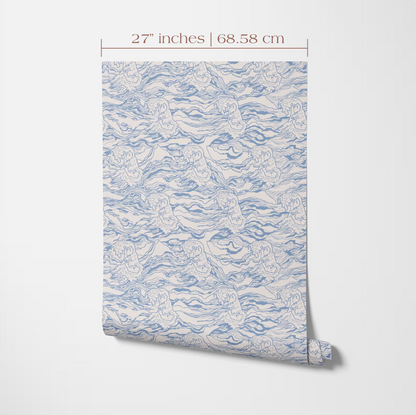 a patterned wallpaper or wall covering with a repeating wave-like design in shades of blue and white. The wallpaper appears to be rolled up and displayed against a white background.
