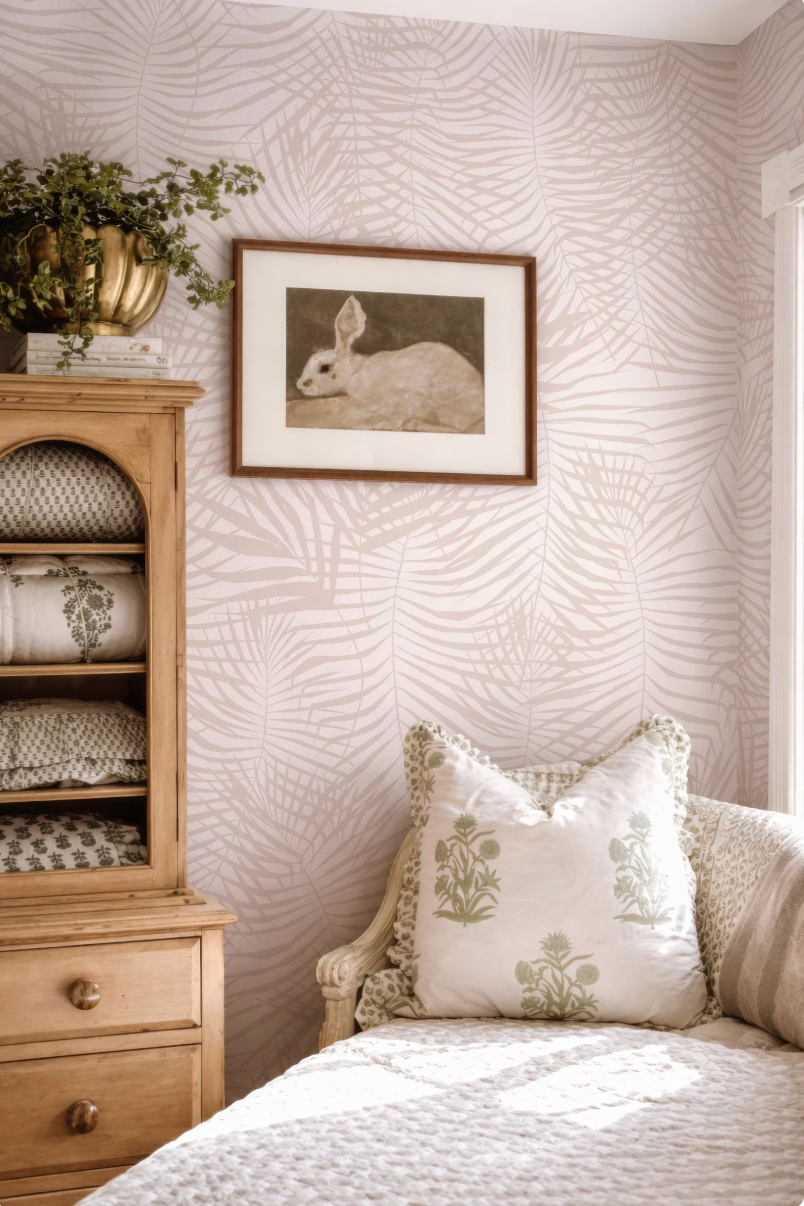 a cozy bedroom with a bed, a dresser, and a framed picture of a rabbit on the wall. The room has a tropical theme, with a patterned wallpaper and a potted plant on the dresser.