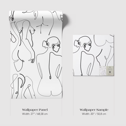 a wallpaper panel and a wallpaper sample, both featuring abstract line drawings of women's bodies.