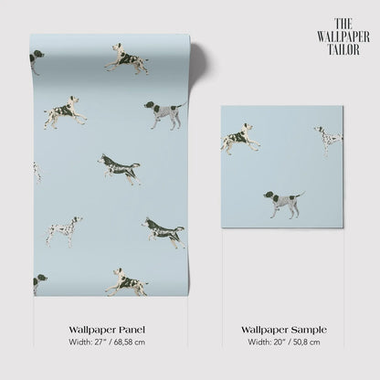 The image is a wallpaper panel and a wallpaper sample, both featuring a repeating pattern of spotted dogs against a light blue background.