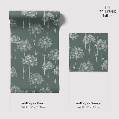 a wallpaper panel and a wallpaper sample with a repeating pattern of white flowers or leaves on a dark green background.