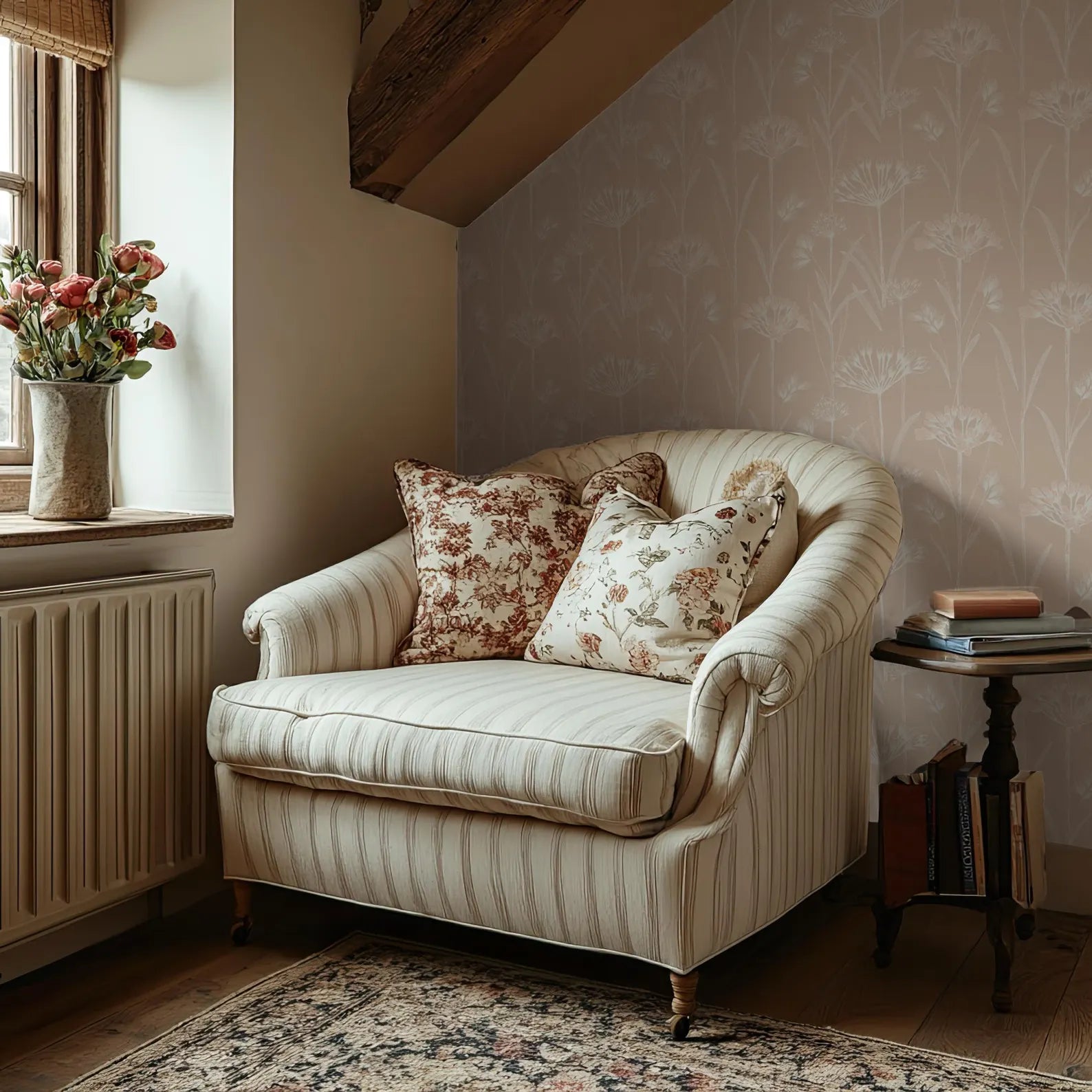 a cozy corner of a room with a striped armchair, a small side table, and a window with a vase of flowers.