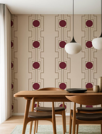 a modern dining room with a wooden table and chairs, a patterned wallpaper, and two pendant lights hanging above the table.