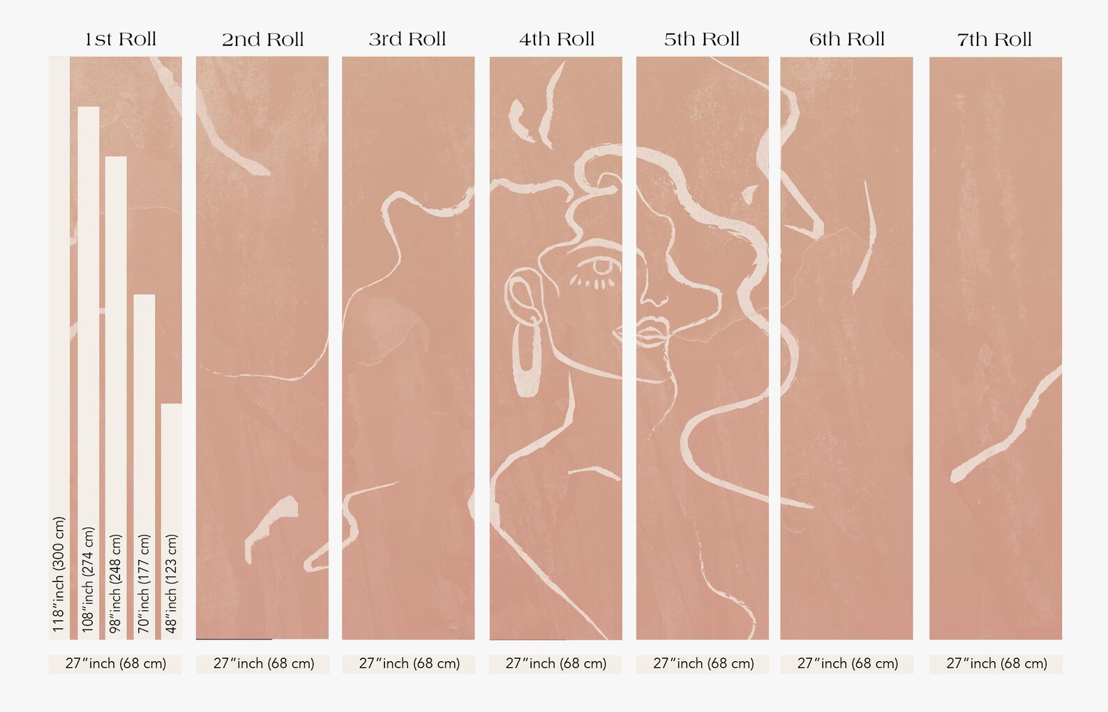 The image is a series of six panels, each depicting a different size of the same abstract design. The panels vary in height, ranging from 27 inches to 68 inches, and are arranged in a grid format. The design is a stylized face with flowing lines, creating a sense of movement and dynamism. The panels are labeled with the corresponding height in inches, providing a visual representation of the size differences between the images.