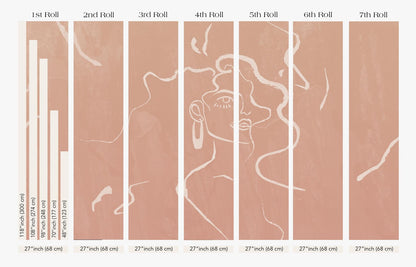 The image is a series of six panels, each depicting a different size of the same abstract design. The panels vary in height, ranging from 27 inches to 68 inches, and are arranged in a grid format. The design is a stylized face with flowing lines, creating a sense of movement and dynamism. The panels are labeled with the corresponding height in inches, providing a visual representation of the size differences between the images.