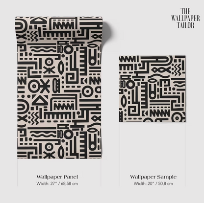two wallpaper samples with a black and white geometric pattern. The text provides the dimensions of the wallpaper panels and the wallpaper sample.