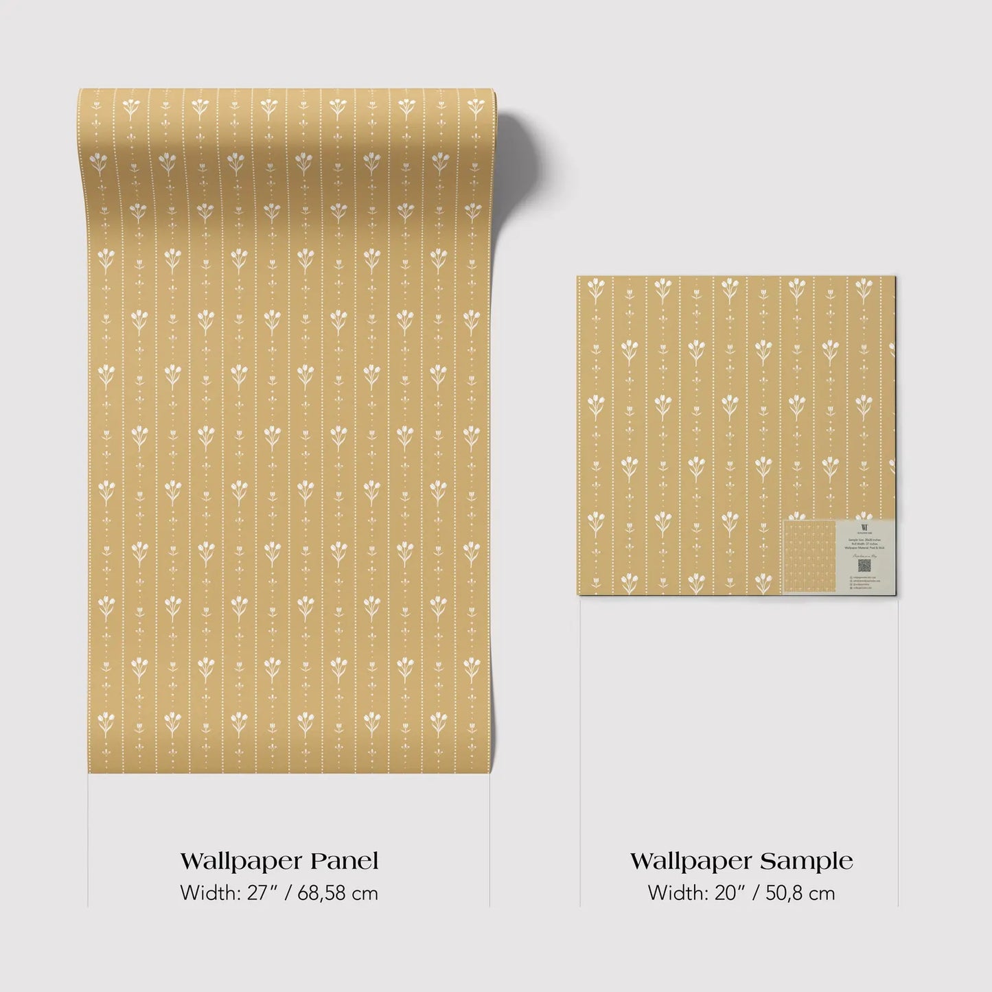 two rolls of wallpaper with a repeating pattern of white flowers on a yellow background. The rolls are labeled as "Wallpaper Panel" and "Wallpaper Sample" with their respective widths: 27 inches (68.58 cm) and 20 inches (50.8 cm).