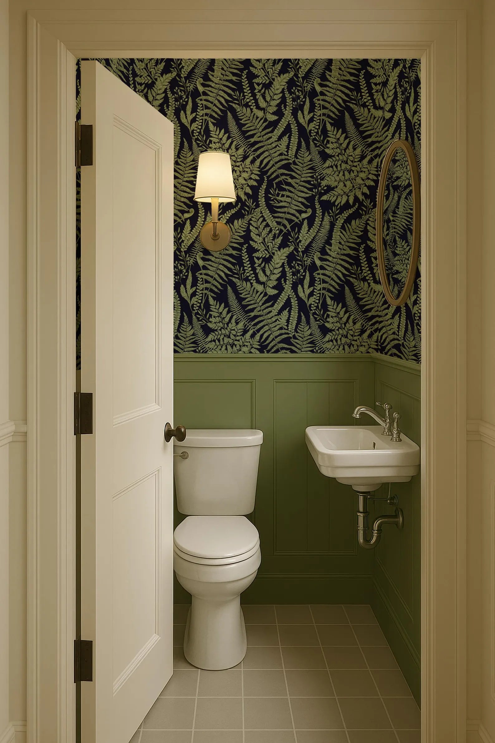 a small bathroom with a white toilet and sink against a wall with a dark green patterned wallpaper. The door is open, revealing the interior of the bathroom.