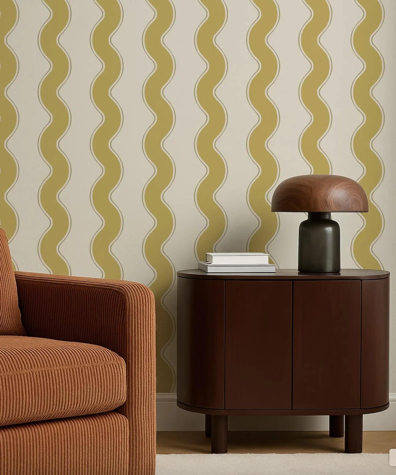a modern living room with a brown armchair, a wooden side table with a lamp, and a patterned wallpaper with yellow and white stripes.