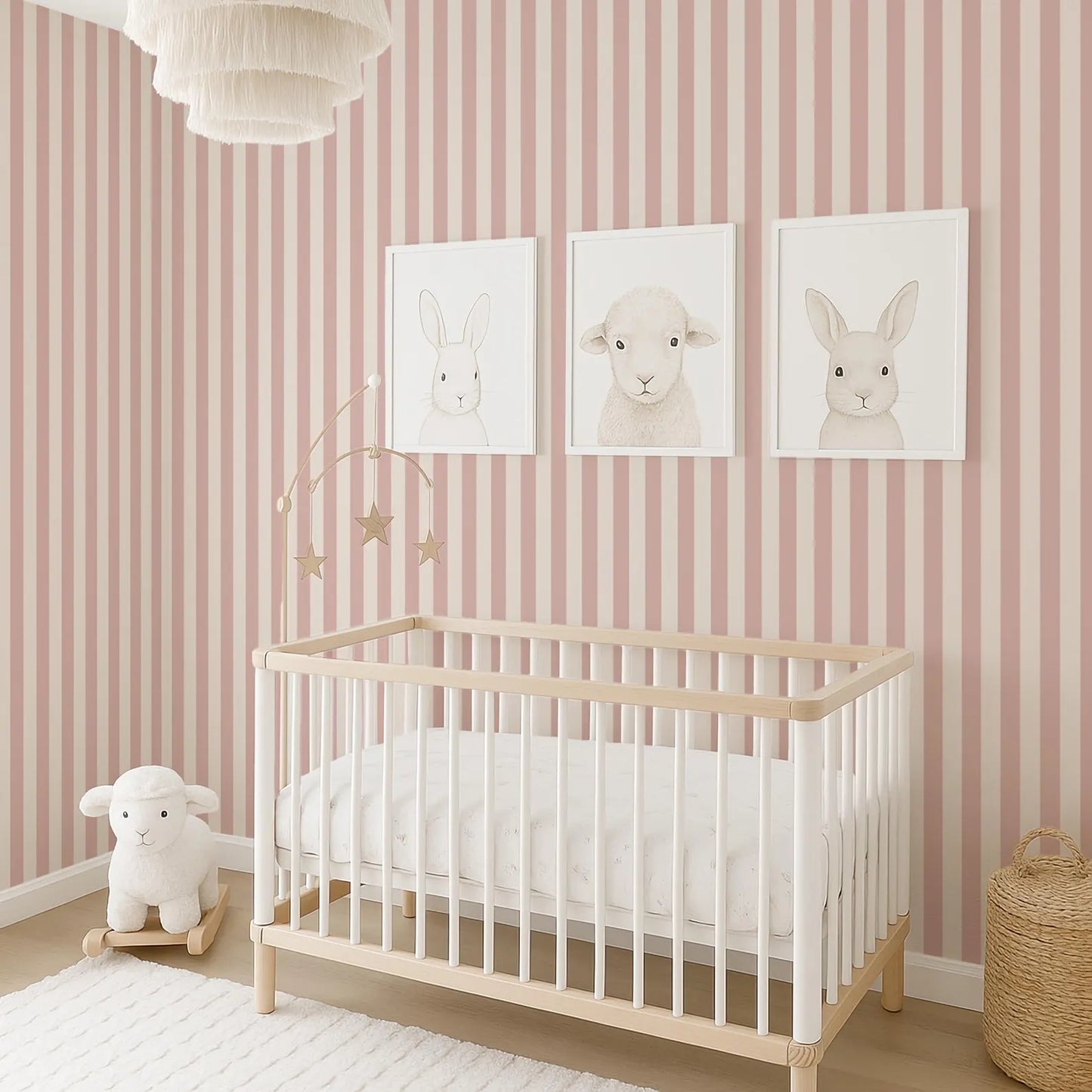 A nursery room with a white crib, pink and white striped wallpaper, and three framed animal drawings on the wall.