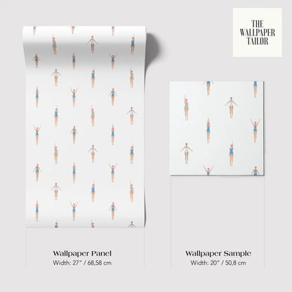 two different wallpaper samples with a repeating pattern of swimming figures. The text provides information about the width of each wallpaper sample, with the left sample being wider at 27 inches and the right sample being wider at 20 inches.