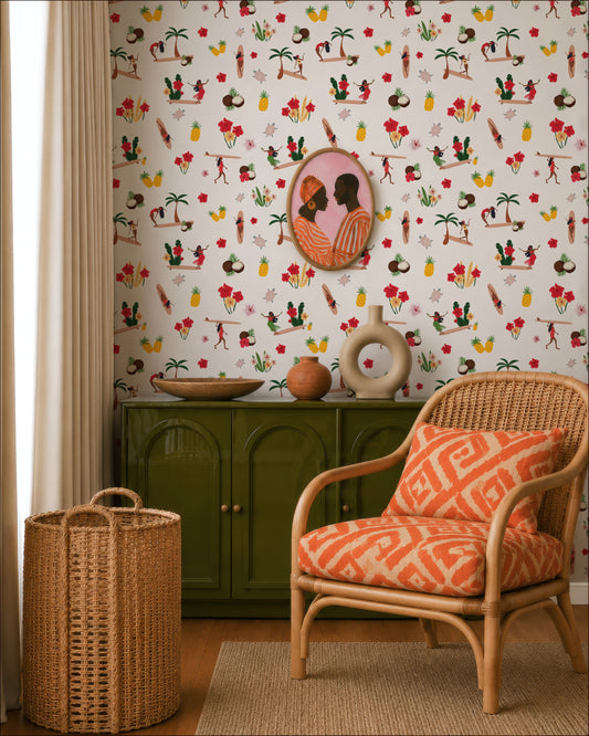 a vibrant and eclectic living space with a patterned wallpaper, a wicker chair, a green cabinet, and a woven basket.