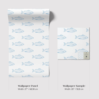two different sizes of wallpaper panels with a repeating pattern of blue fish on a white background.