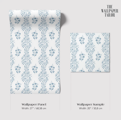two rolls of wallpaper with a repeating floral pattern in shades of blue and white. The rolls are labeled as "Wallpaper Panel" and "Wallpaper Sample" with their respective widths: 27 inches (68.58 cm) and 20 inches (50.88 cm).